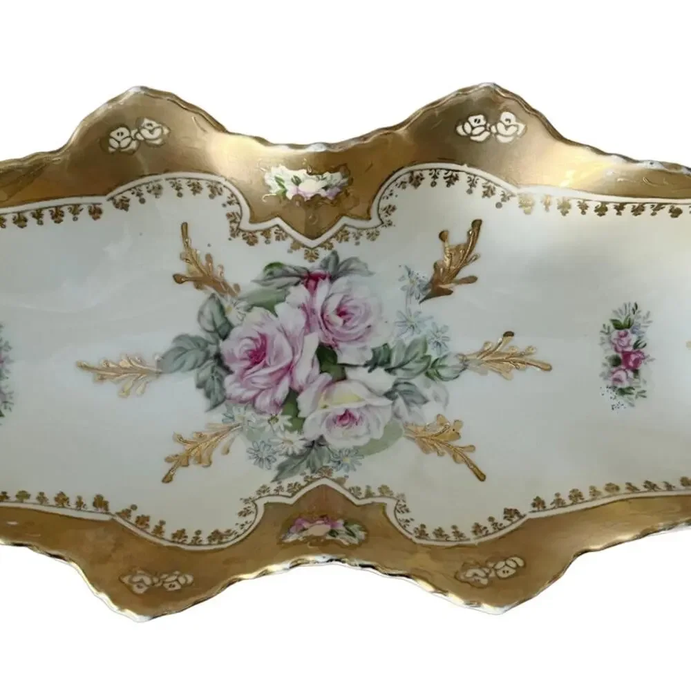 VINTAGE ROYAL CROWN Hand Painted Gold Rose Pattern Candy Dish Gold Trim 11